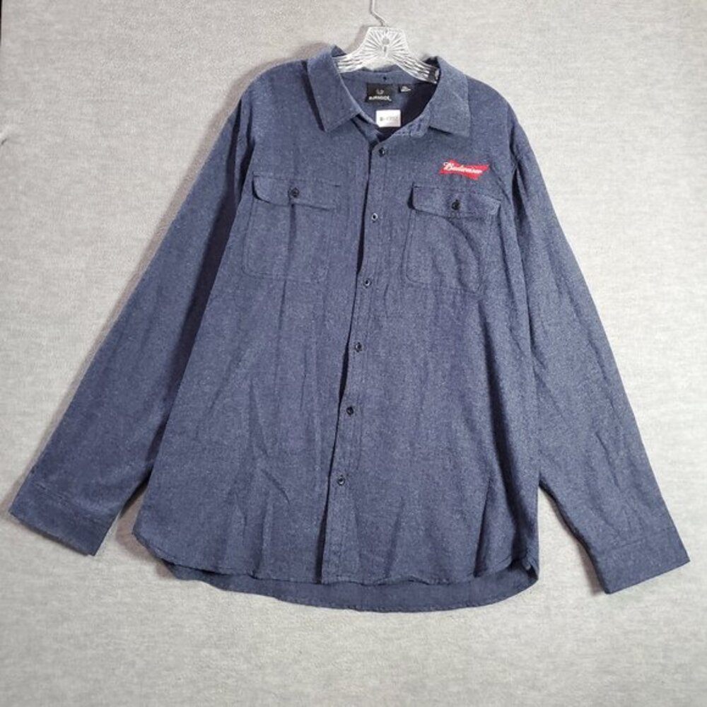 Budweiser‎ Men Button Up Shirt 2XL Blue Logo Embroidered Long Sleeve Burnside